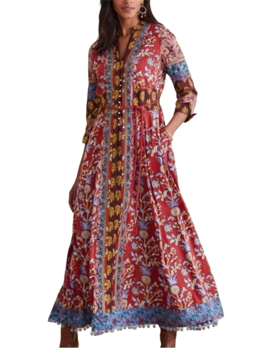 Soft Surroundings Carmela Maxi Dress Garnet Boho Pom Pom Trim - Size 18